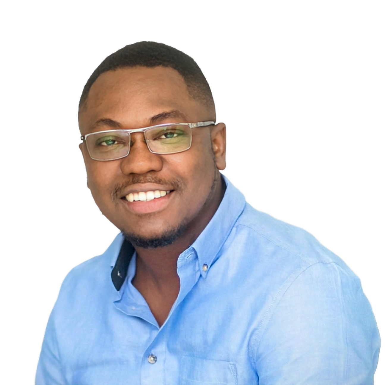 Nana Ekow Nkwa Sey smiling in a light-blue shirt